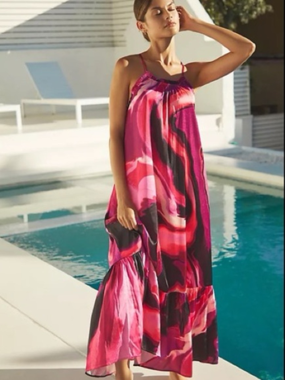 Anthropologie Halter Open Back Dress Pink Purple Marble NEW Large Resort Aloha